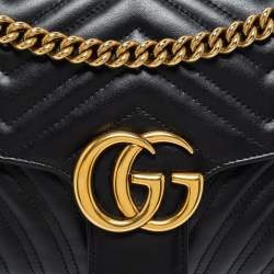 Pre Owned Gucci Black Matelassé Leather Small GG Marmont Shoulder Bag