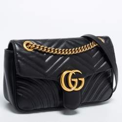 Pre Owned Gucci Black Matelassé Leather Small GG Marmont Shoulder Bag