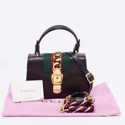 Pre Owned Gucci Black Leather Mini Web Chain Sylvie Top Handle Bag