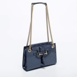 Pre Owned Gucci Blue Guccissima Patent Leather Small Emily Chain Shoulder Bag