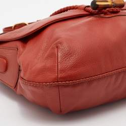 Pre Owned Gucci Orange Leather Braided Bamboo Flap Shoulder Bag