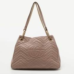 Pre Owned Gucci Dusty Pink Matelassé Leather Medium GG Marmont Chain Tote