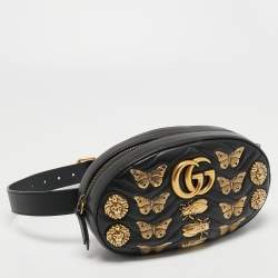 Pre Owned Gucci Black Matelassé Leather GG Marmont Animal Stud Belt Bag