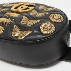 Pre Owned Gucci Black Matelassé Leather GG Marmont Animal Stud Belt Bag