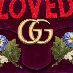 Pre Owned Gucci Purple Love Embroidered Matelassé Velvet Medium GG Marmont Shoulder Bag