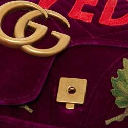 Pre Owned Gucci Purple Love Embroidered Matelassé Velvet Medium GG Marmont Shoulder Bag