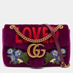 Gucci Pink Quilted Velvet Embellished GG Marmont Small Shoulder Bag