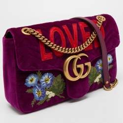 Pre Owned Gucci Purple Love Embroidered Matelassé Velvet Medium GG Marmont Shoulder Bag