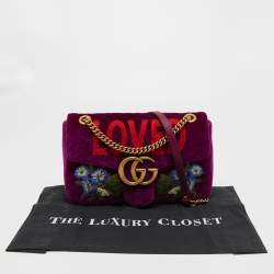 Pre Owned Gucci Purple Love Embroidered Matelassé Velvet Medium GG Marmont Shoulder Bag