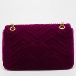 Pre Owned Gucci Purple Love Embroidered Matelassé Velvet Medium GG Marmont Shoulder Bag