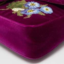 Pre Owned Gucci Purple Love Embroidered Matelassé Velvet Medium GG Marmont Shoulder Bag