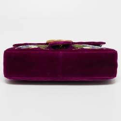 Pre Owned Gucci Purple Love Embroidered Matelassé Velvet Medium GG Marmont Shoulder Bag