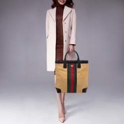 Pre Owned Gucci Khaki Brown/Black Canvas and Leather Large Vintage Web Shopper Tote