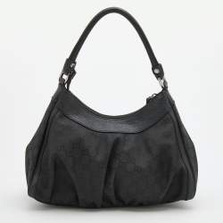 Pre Owned Gucci Black GG Nylon and Leather Medium Abbey D Ring Hobo