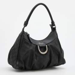 Pre Owned Gucci Black GG Nylon and Leather Medium Abbey D Ring Hobo