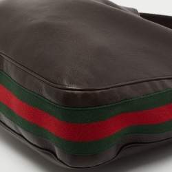 Pre Owned Gucci Dark Brown Leather Web Shoulder Bag