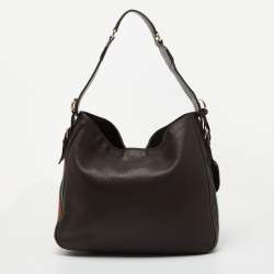 Pre Owned Gucci Dark Brown Leather Web Shoulder Bag
