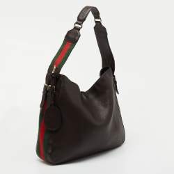 Pre Owned Gucci Dark Brown Leather Web Shoulder Bag