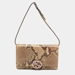 Pre Owned Gucci Beige Python Crystal Embellished Interlocking G Broadway Clutch