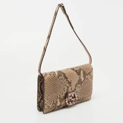 Pre Owned Gucci Beige Python Crystal Embellished Interlocking G Broadway Clutch