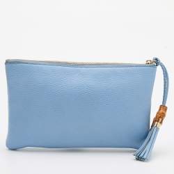 Pre Owned Gucci Light Blue Leather Bamboo Tassel Clutch