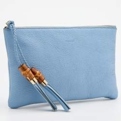 Pre Owned Gucci Light Blue Leather Bamboo Tassel Clutch