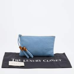 Pre Owned Gucci Light Blue Leather Bamboo Tassel Clutch