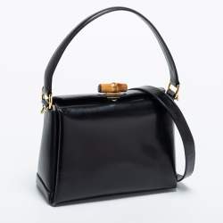 Pre Owned Gucci Black Leather Bamboo Top Handle Bag