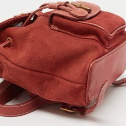 Pre Owned Gucci Red Leather and Suede Bamboo Backpack