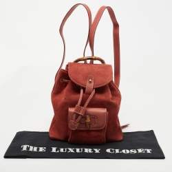 Pre Owned Gucci Red Leather and Suede Bamboo Backpack
