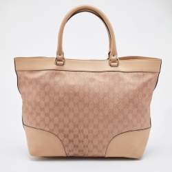 Pre Owned Gucci Beige/Metallic Pink Leather and GG Canvas Heart Interlocking G Tote