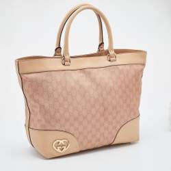 Pre Owned Gucci Beige/Metallic Pink Leather and GG Canvas Heart Interlocking G Tote