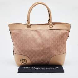 Pre Owned Gucci Beige/Metallic Pink Leather and GG Canvas Heart Interlocking G Tote