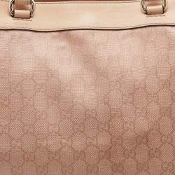 Pre Owned Gucci Beige/Metallic Pink Leather and GG Canvas Heart Interlocking G Tote
