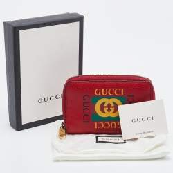 Pre Owned Gucci Red Leather Logo Print Zip Compact Wallet