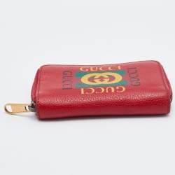 Pre Owned Gucci Red Leather Logo Print Zip Compact Wallet