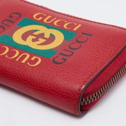 Pre Owned Gucci Red Leather Logo Print Zip Compact Wallet