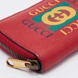 Pre Owned Gucci Red Leather Logo Print Zip Compact Wallet
