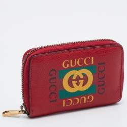 Pre Owned Gucci Red Leather Logo Print Zip Compact Wallet
