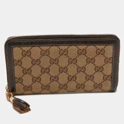 Pre Owned Gucci Beige/Brown GG Canvas and Leather Bamboo Tassel Zip Around Wallet