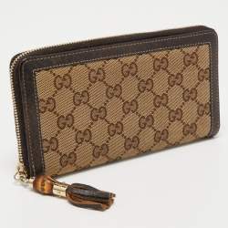 Pre Owned Gucci Beige/Brown GG Canvas and Leather Bamboo Tassel Zip Around Wallet