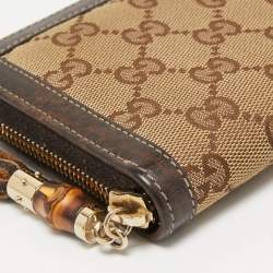 Pre Owned Gucci Beige/Brown GG Canvas and Leather Bamboo Tassel Zip Around Wallet