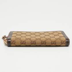 Pre Owned Gucci Beige/Brown GG Canvas and Leather Bamboo Tassel Zip Around Wallet