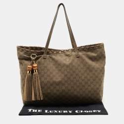 مملوكة مسبقًا Gucci Dark Olive Green GG Canvas Bamboo Tassel Shopper Tote
