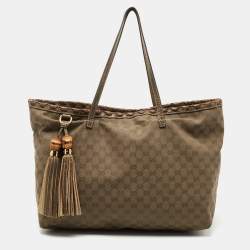 مملوكة مسبقًا Gucci Dark Olive Green GG Canvas Bamboo Tassel Shopper Tote