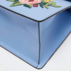 Pre Owned Gucci Blue Floral Embroidered Leather Medium Sylvie Top Handle Bag