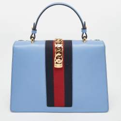 Pre Owned Gucci Blue Floral Embroidered Leather Medium Sylvie Top Handle Bag