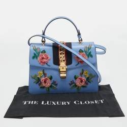 Pre Owned Gucci Blue Floral Embroidered Leather Medium Sylvie Top Handle Bag