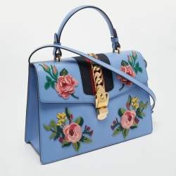 Pre Owned Gucci Blue Floral Embroidered Leather Medium Sylvie Top Handle Bag