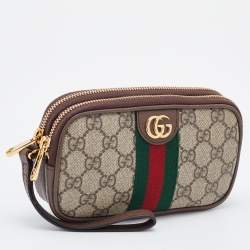 Pre Owned Gucci Beige/Brown GG Supreme Canvas and Leather Ophidia Wristlet